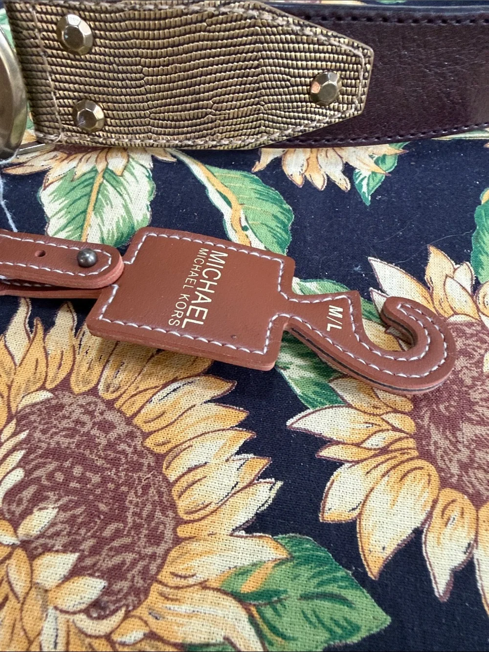Michael Kors Olive Green Canvas and Tan Leather Logo Buckle Belt m/l